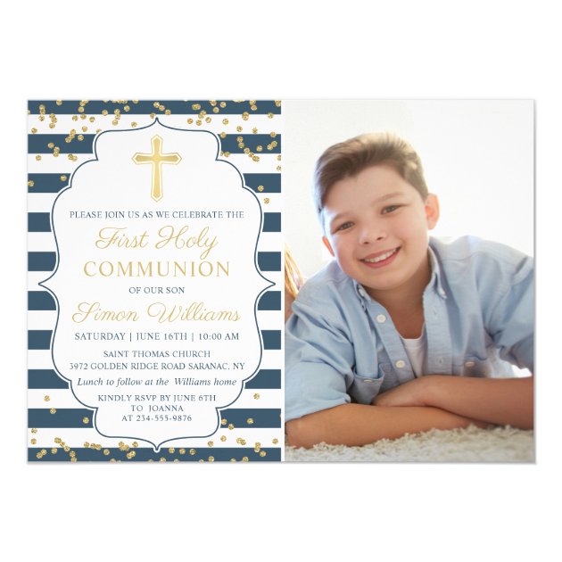 Gold Glitter Navy Blue First Holy Communion Photo Card