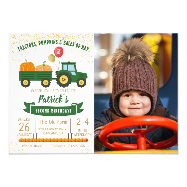 Tractor Pumpkin Fall Boy Photo Birthday Invitation