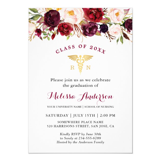 Burgundy Floral Nursing School Graduation Party Invitation