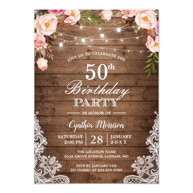 Rustic String Lights Lace Floral Birthday Party Card (front side)
