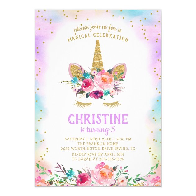 Unicorn Pink Gold Beautiful Floral Birthday Party Invitation
