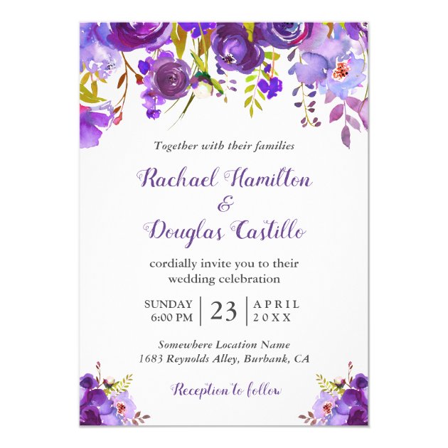 Ultra Violet Purple Watercolor Floral Wedding Card (front side)