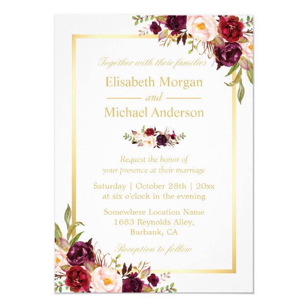 Burgundy Blush Bloom Floral Gold Frame Wedding Invitation