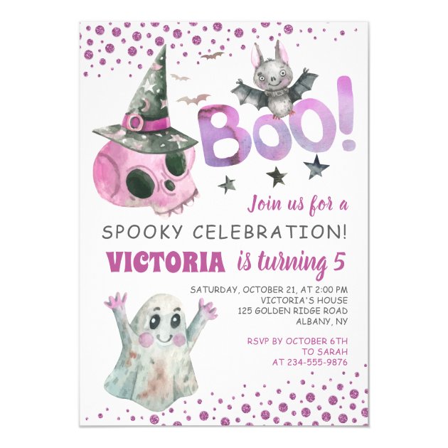 Boo Spooky Pink Skull Girl Halloween Birthday Invitation