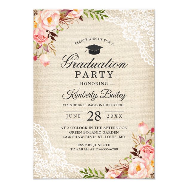 Rustic Blush Floral Lace Burlap Graduation Party Invitation