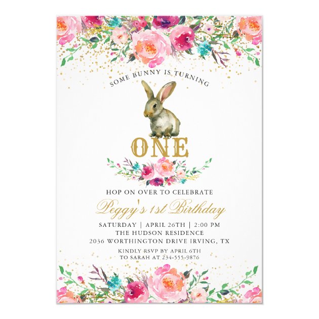 Beautiful Pink Floral Bunny 1st Birthday Photo Card