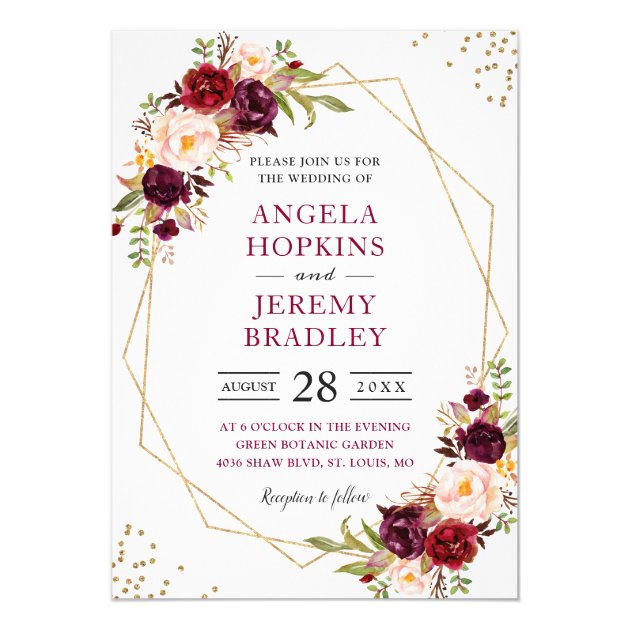 Blush Burgundy Floral Modern Gold Frame Wedding Invitation