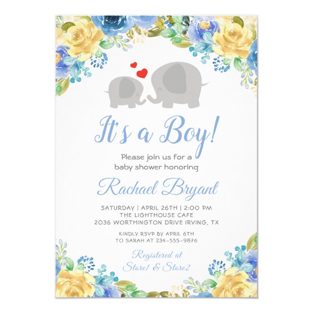Blue Yellow Floral Roses Boy Elephant Baby Shower Invitation
