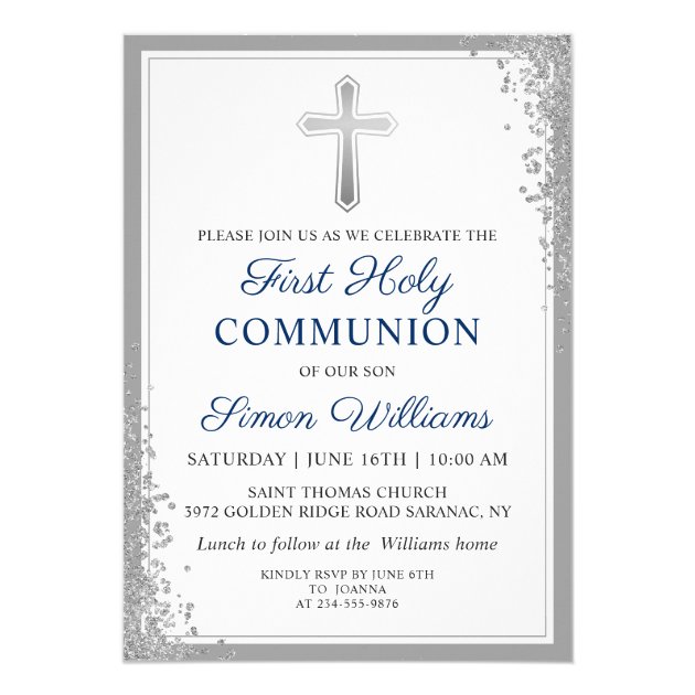 Silver Glitter Navy Blue First Holy Communion Invitation