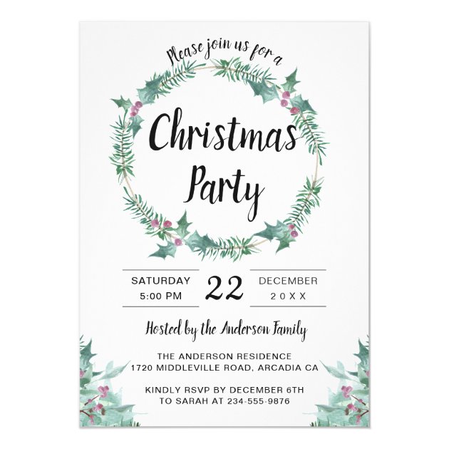 Watercolor Greenery Holly Wreath Christmas Party Invitation