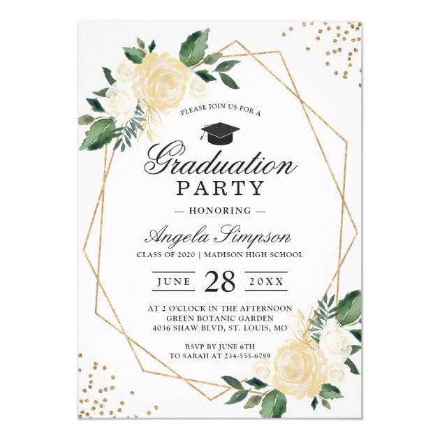 Gold Glitters Greenery Floral Graduation Party Invitation