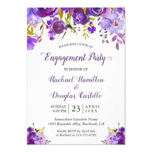 Violet Romance Purple Floral Engagement Party Card (front side)