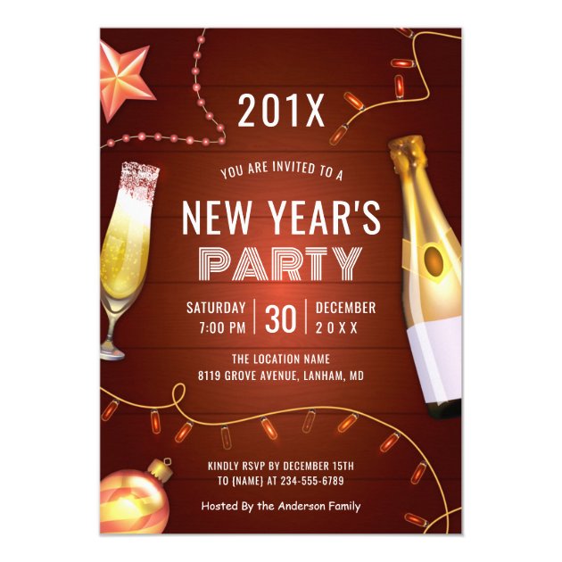 Champagne String Lights New Year's Party Invitation