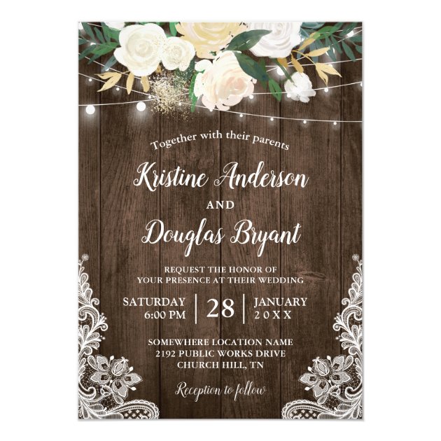 Rustic Country Chic Floral String Lights Wedding Card (front side)