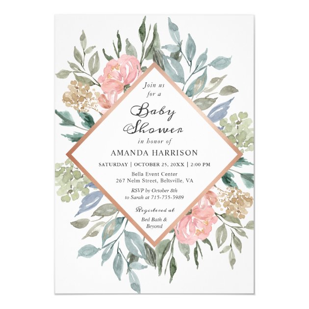 Rustic Chic Dusty Pink Blue Floral Baby Shower Invitation