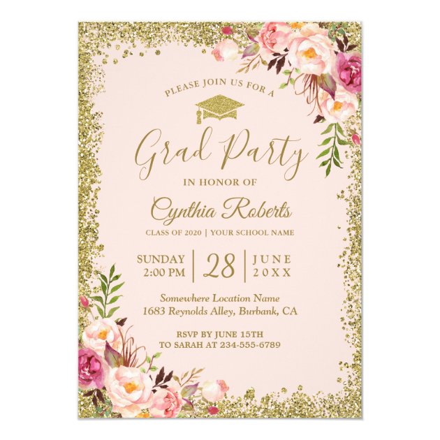Blush Pink Gold Glitters Floral Graduation Party Invitation