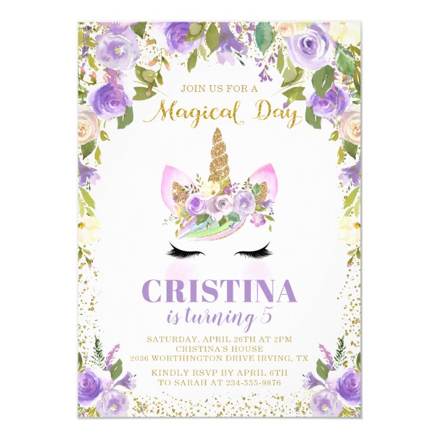 Magical Purple Gold Unicorn Floral Birthday Invite