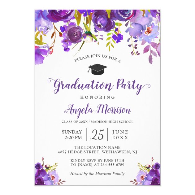 Ultra Violet Purple Floral Graduation Party Invitation