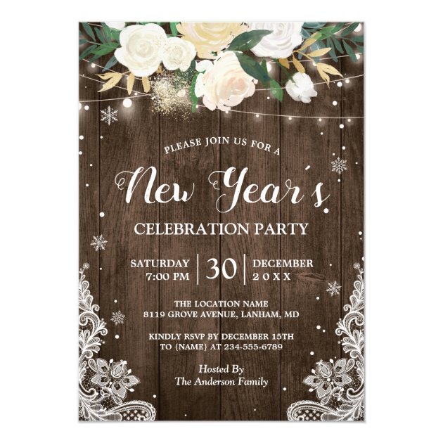 Rustic Floral String Lights New Year's Party Invitation