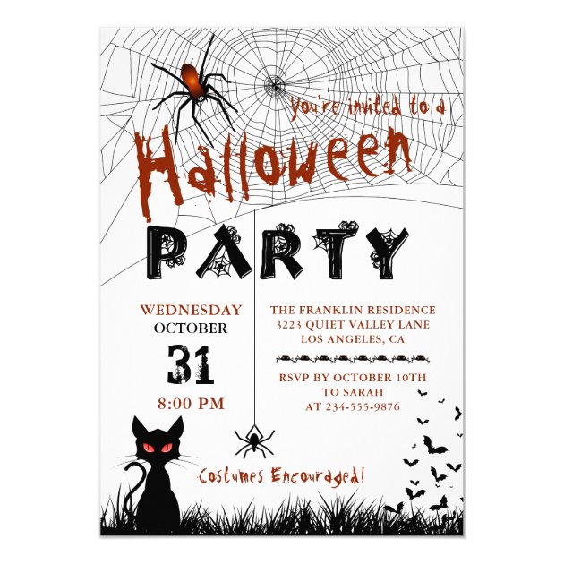 Bloody Spiders & Cat Halloween Costume Party Invitation