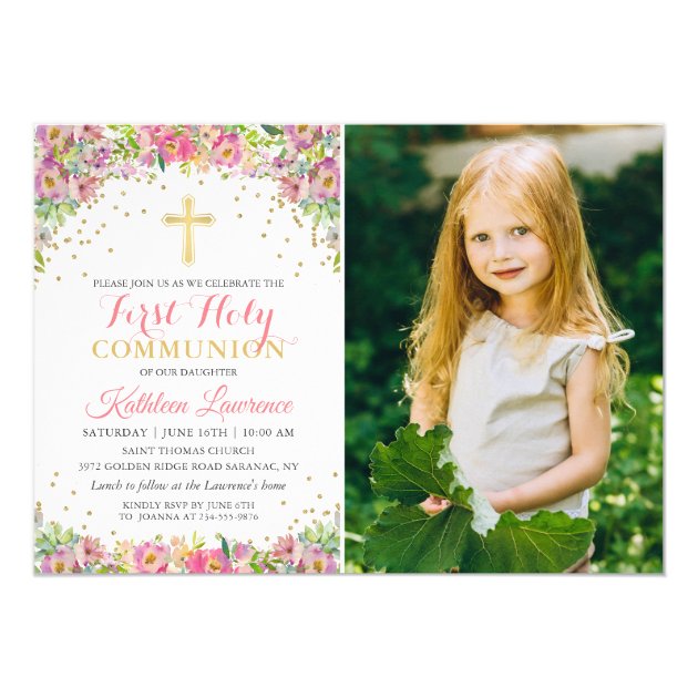 Elegant Pink Floral First Holy Communion Photo Card