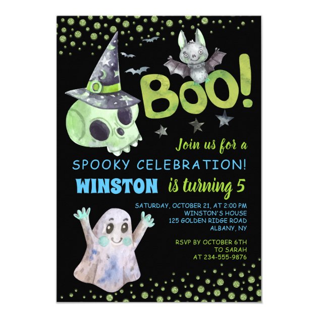 Boo Spooky Green Skull Boy Halloween Birthday Invitation