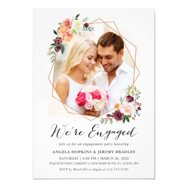 Whimsical Floral Photo Engagement Announcement (front side)