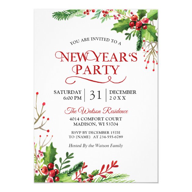 Rustic Holly Berries Classic New Year's Party Card (front side)