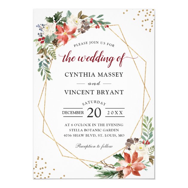 Poinsettia Floral Gold Geometric Frame Wedding Invitation