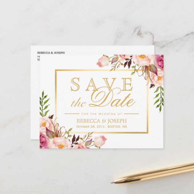 Save The Date Elegant Chic Pink Floral Gold Frame Announcement Postcard