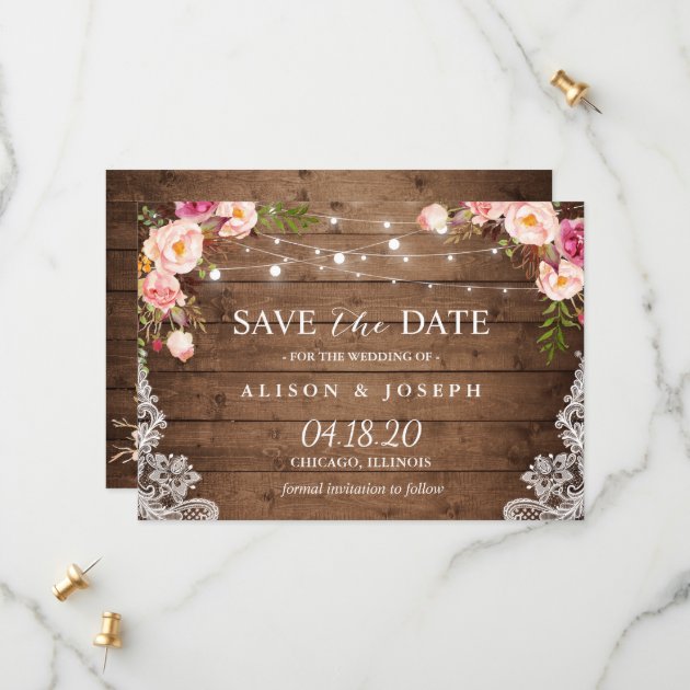 Rustic Pink Floral Lace String Light Save The Date