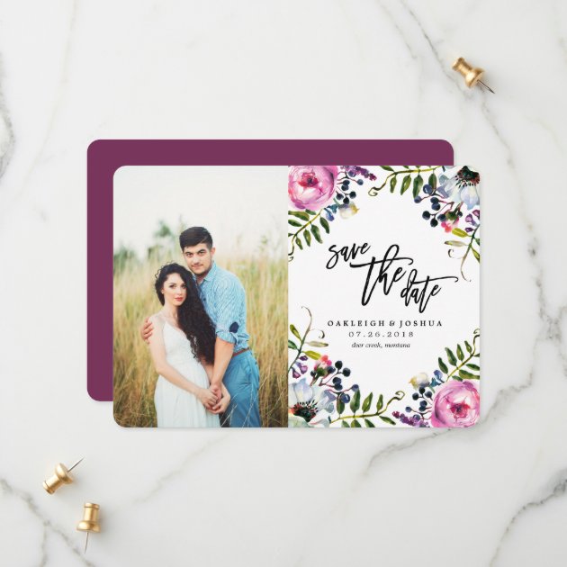Watercolor Pretty Flowers Save The Date With Photo