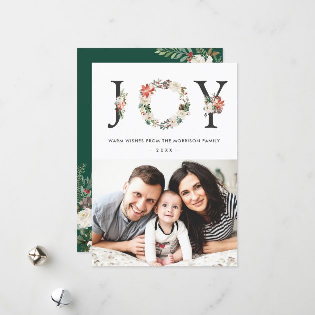 JOY Typography Poinsettia Floral Christmas Photo Holiday Card