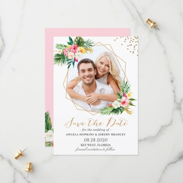 Tropical Flowers Gold Glitters Photo Save The Date