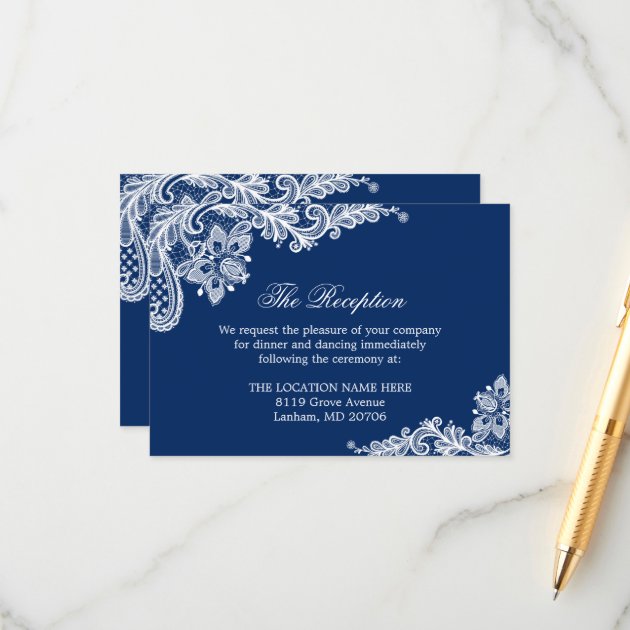 Navy Blue White Lace Wedding Information Details Enclosure Card