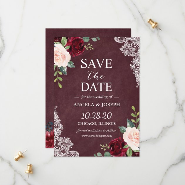 Burgundy Blush Floral Beautiful White Lace Wedding Save The Date