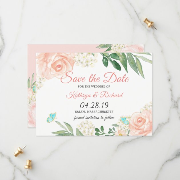 Spring Blush Peach Floral Watercolor Save The Date
