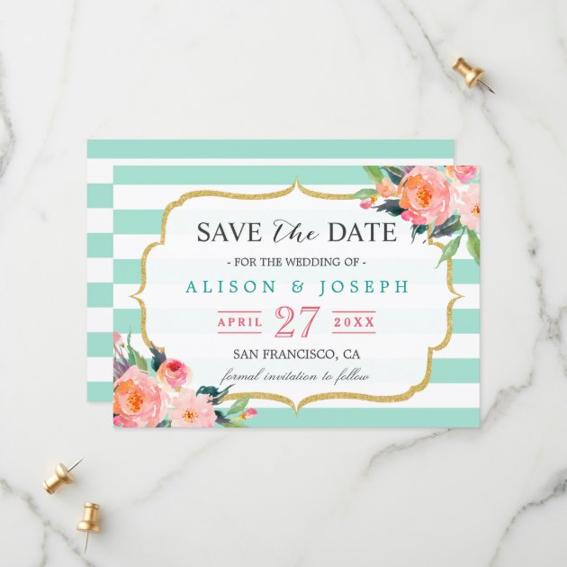 Save The Date | Classy Mint Green Stripes Floral