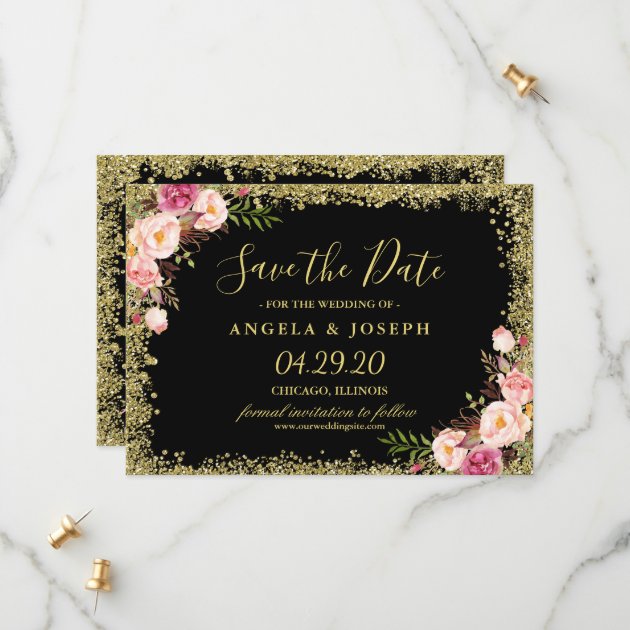 Save The Date Black Gold Glitters Pink Floral