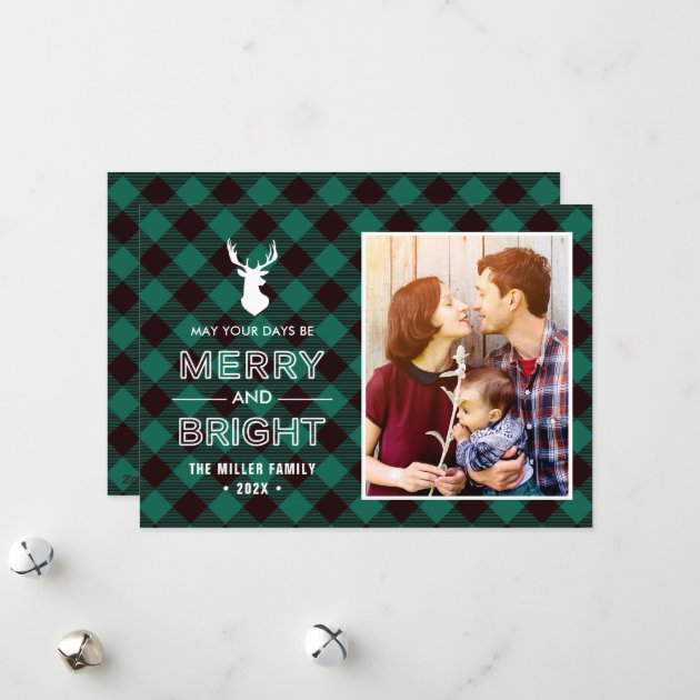 Green Buffalo Check Plaid Merry And Bright Photo Holiday Card