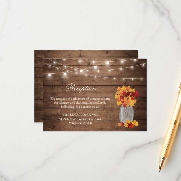 Rustic Fall Leaves String Light Wedding Reception Enclosure Card
