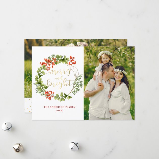 Merry And Bright Greenery Holly Wreath Photo Holiday Card