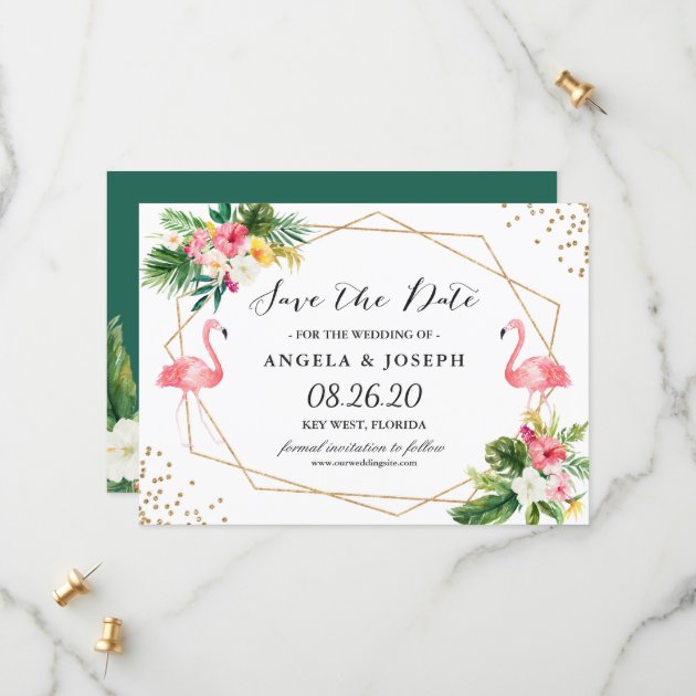 Tropical Floral Leaves Flamingos Save The Date