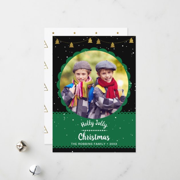 Modern Black Green Holly Jolly Christmas Photo Holiday Card