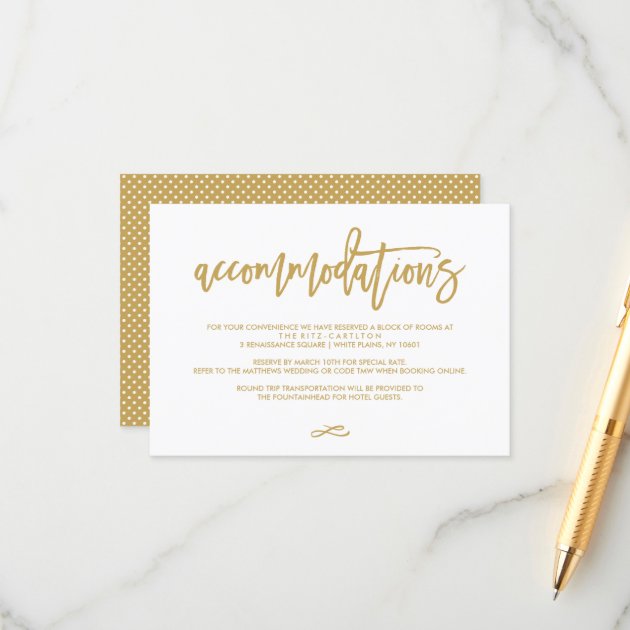 Chic Hand Lettered Gold Wedding Accommodations Enclosure Card