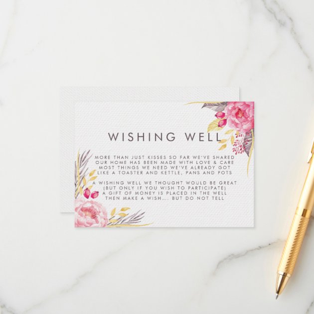 Pink Peony Watercolor Floral Wishing Well Wedding Enclosure Card