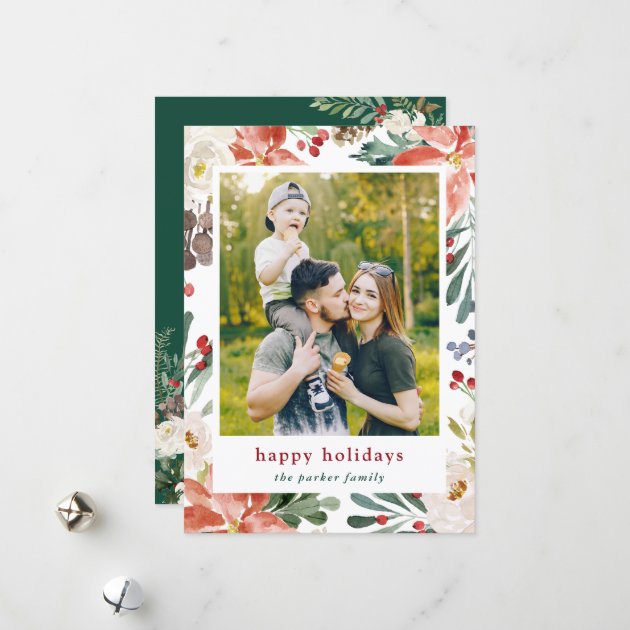 Modern Poinsettia Floral Frame Photo And Wording Holiday Card