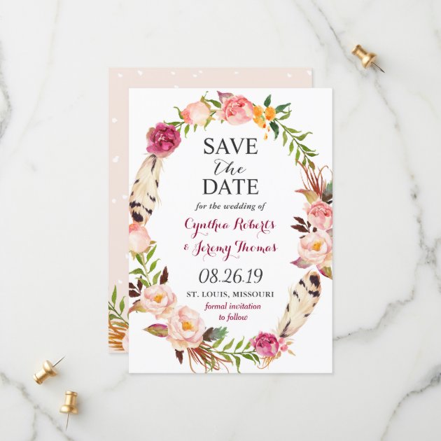 Bohemian Floral Wreath Feather Boho Save The Date