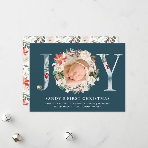 Baby First Christmas JOY Poinsettia Floral Photo Holiday Card