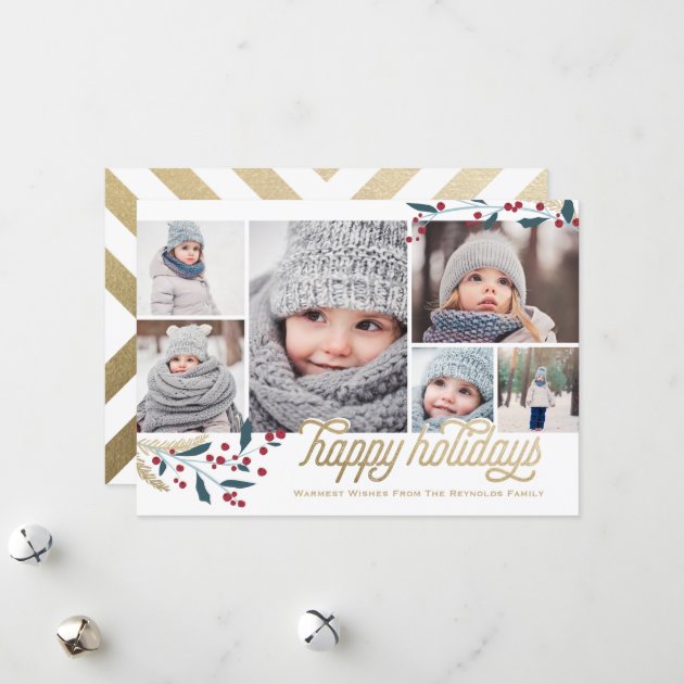 Gold Red Berries 6 Photo Collage | Happy Holidays Holiday Card